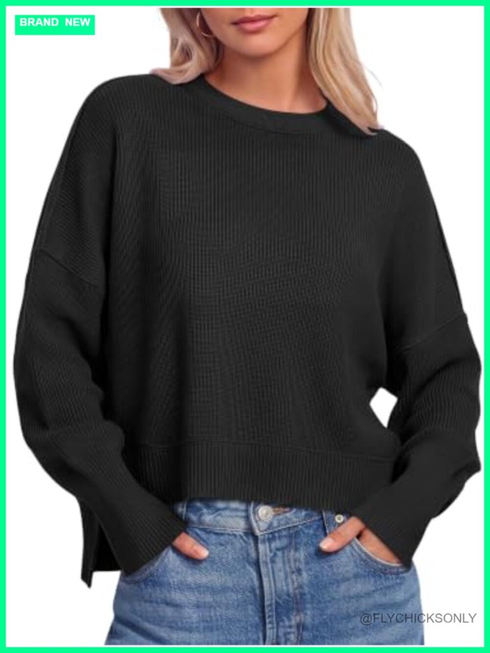 Cropped Oversized Long Sleeve Sweater Pullover Batwing Sleeve Side Slits